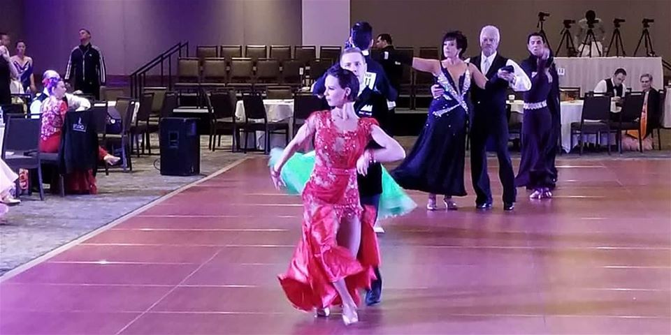 Scott and Trish dancing foxtrot at Lone Start Ball Competition